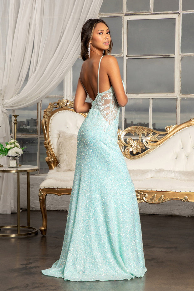 Fitted Sleeveless Sequin Slit Gown by Elizabeth K GL3029