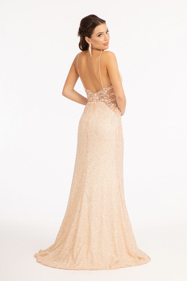Fitted Sleeveless Sequin Slit Gown by Elizabeth K GL3029