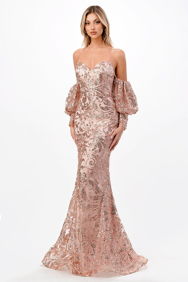 Fitted Strapless Glitter Gown by Cinderella Divine J820
