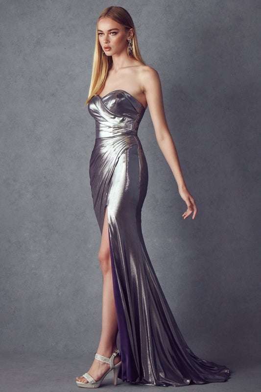 Fitted Strapless Metallic Gown by Juliet 222