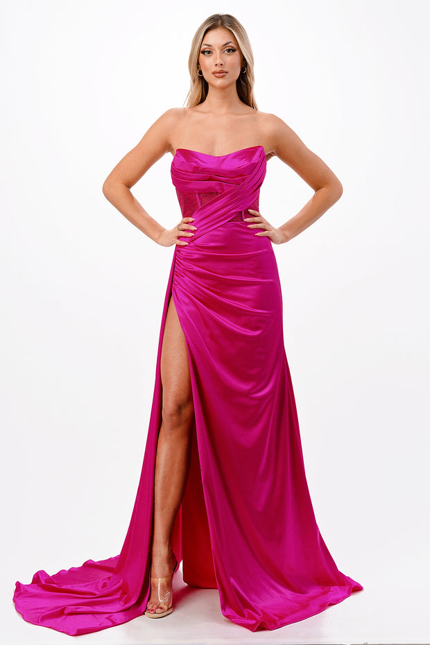 Fitted Strapless Satin Gown by Cinderella Divine CDS411