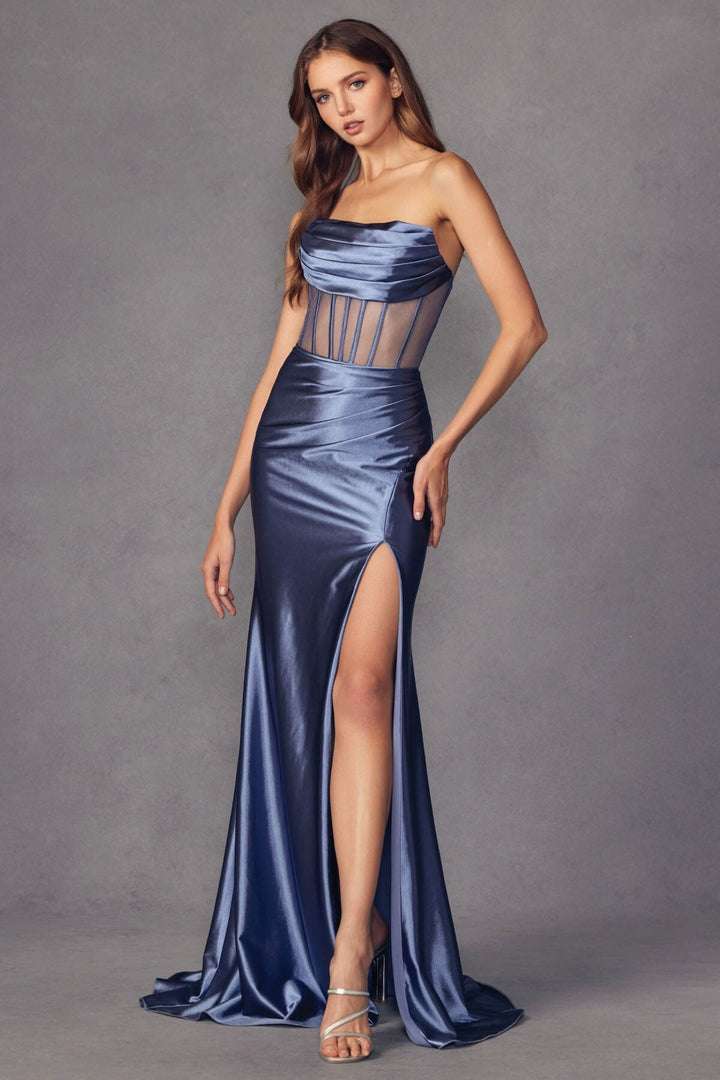 Fitted Strapless Sheer Corset Slit Gown by Juliet 2416