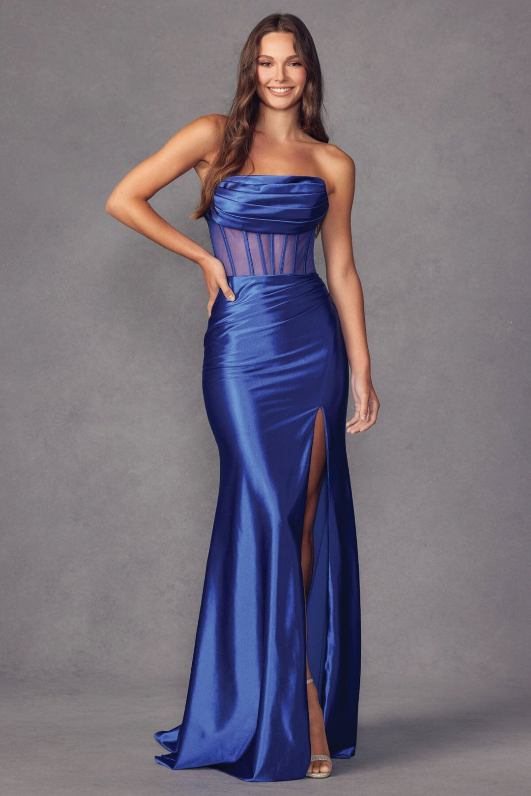 Fitted Strapless Sheer Corset Slit Gown by Juliet 2416