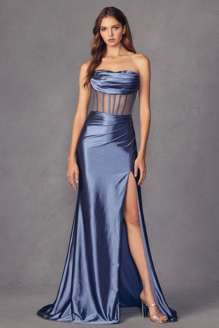 Fitted Strapless Sheer Corset Slit Gown by Juliet 2416