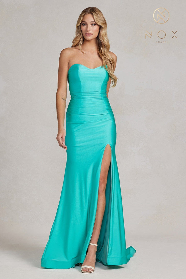 Fitted Strapless Slit Gown by Nox Anabel T1139