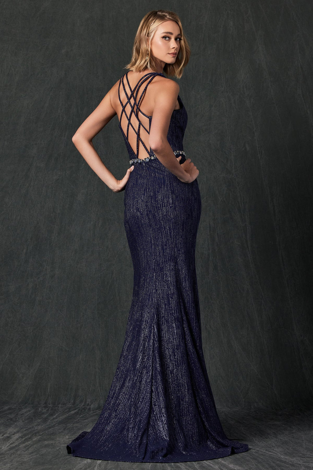 Fitted Strappy Back Glitter Gown by Juliet 237