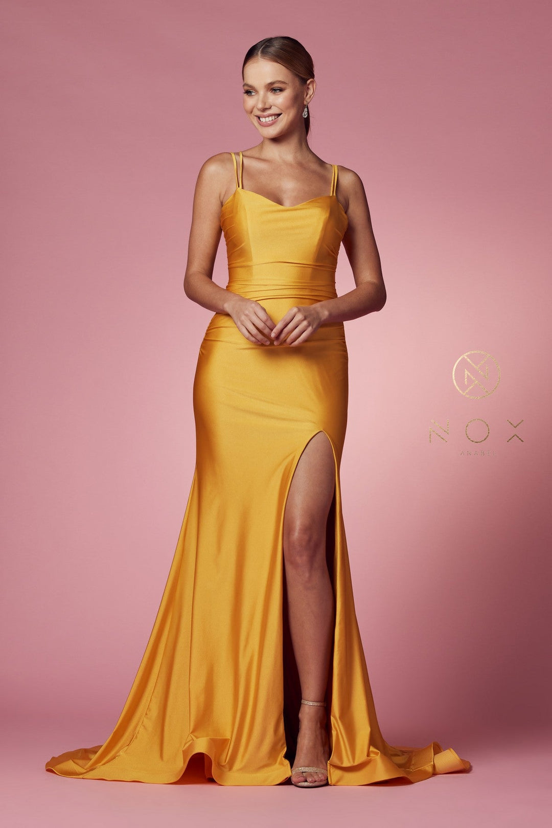 Fitted Strappy Back Slit Gown by Nox Anabel T481