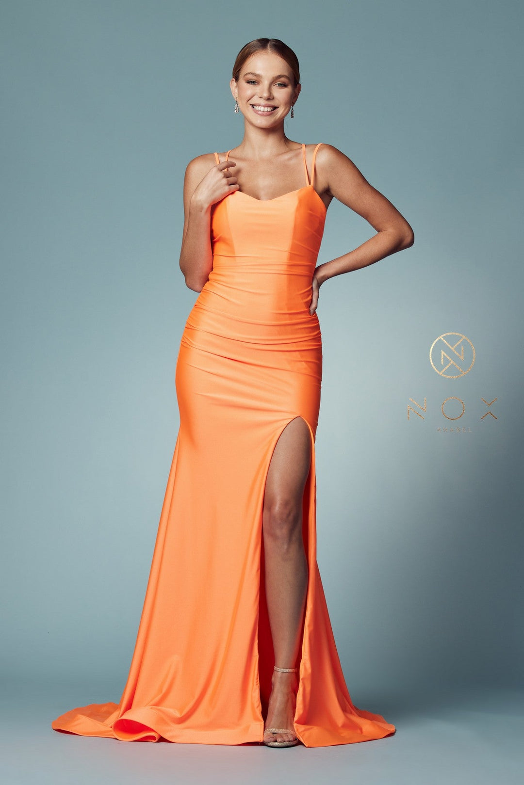 Fitted Strappy Back Slit Gown by Nox Anabel T481