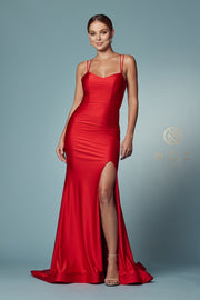 Fitted Strappy Back Slit Gown by Nox Anabel T481