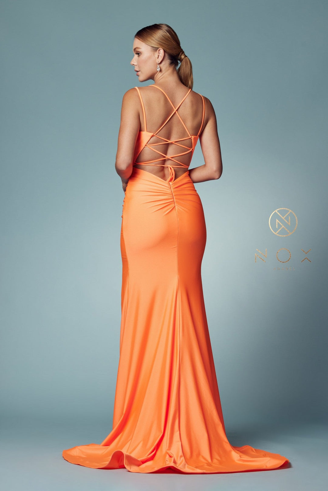 Fitted Strappy Back Slit Gown by Nox Anabel T481