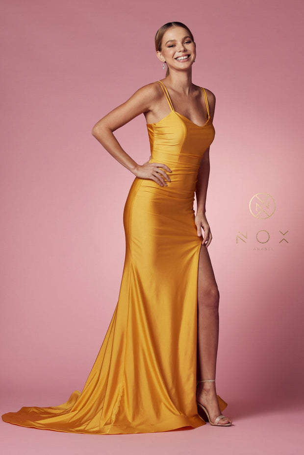 Fitted Strappy Back Slit Gown by Nox Anabel T481