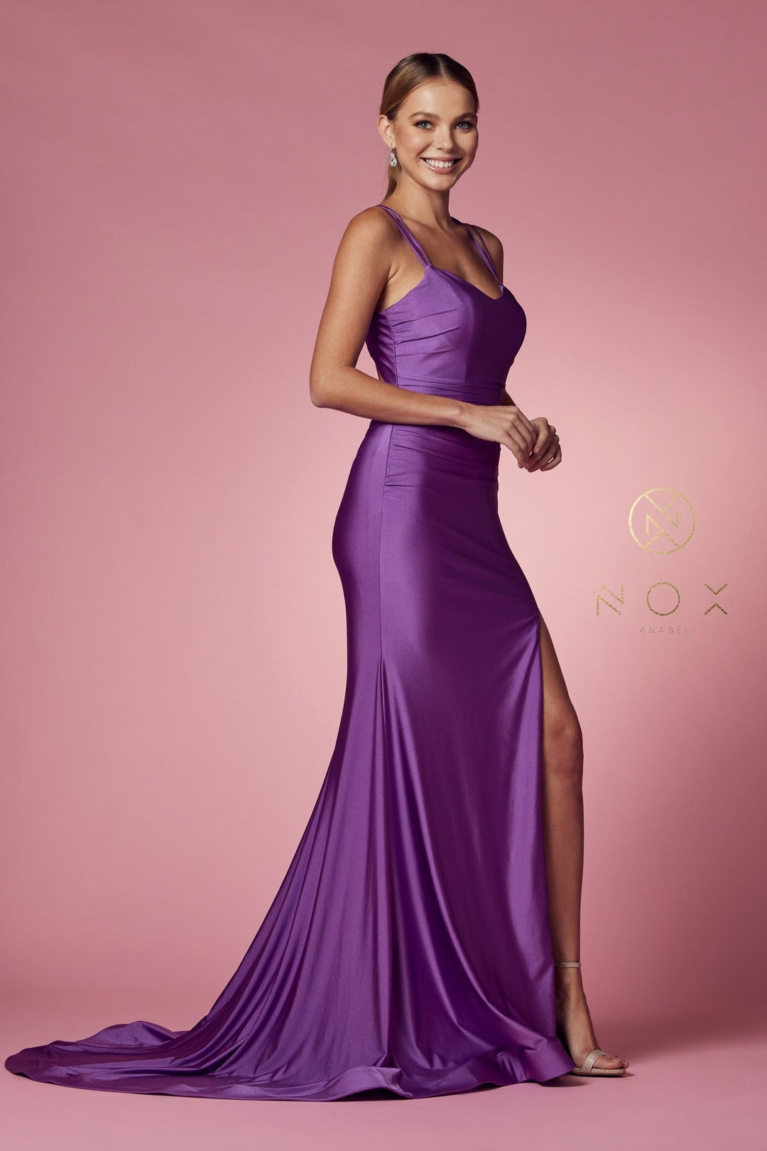 Fitted Strappy Back Slit Gown by Nox Anabel T481