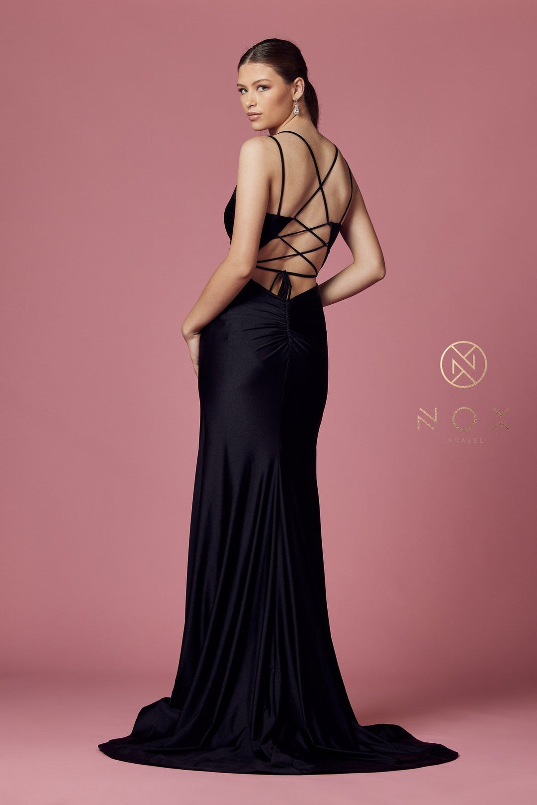 Fitted Strappy Back Slit Gown by Nox Anabel T481