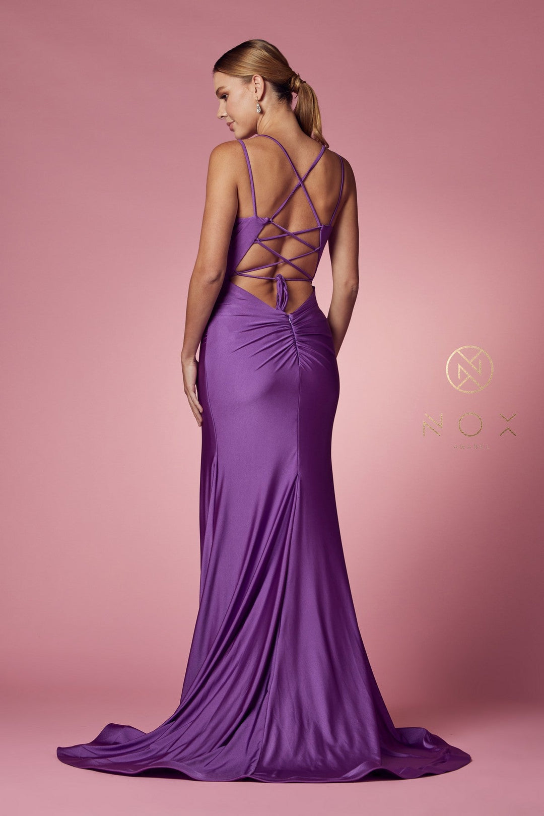 Fitted Strappy Back Slit Gown by Nox Anabel T481