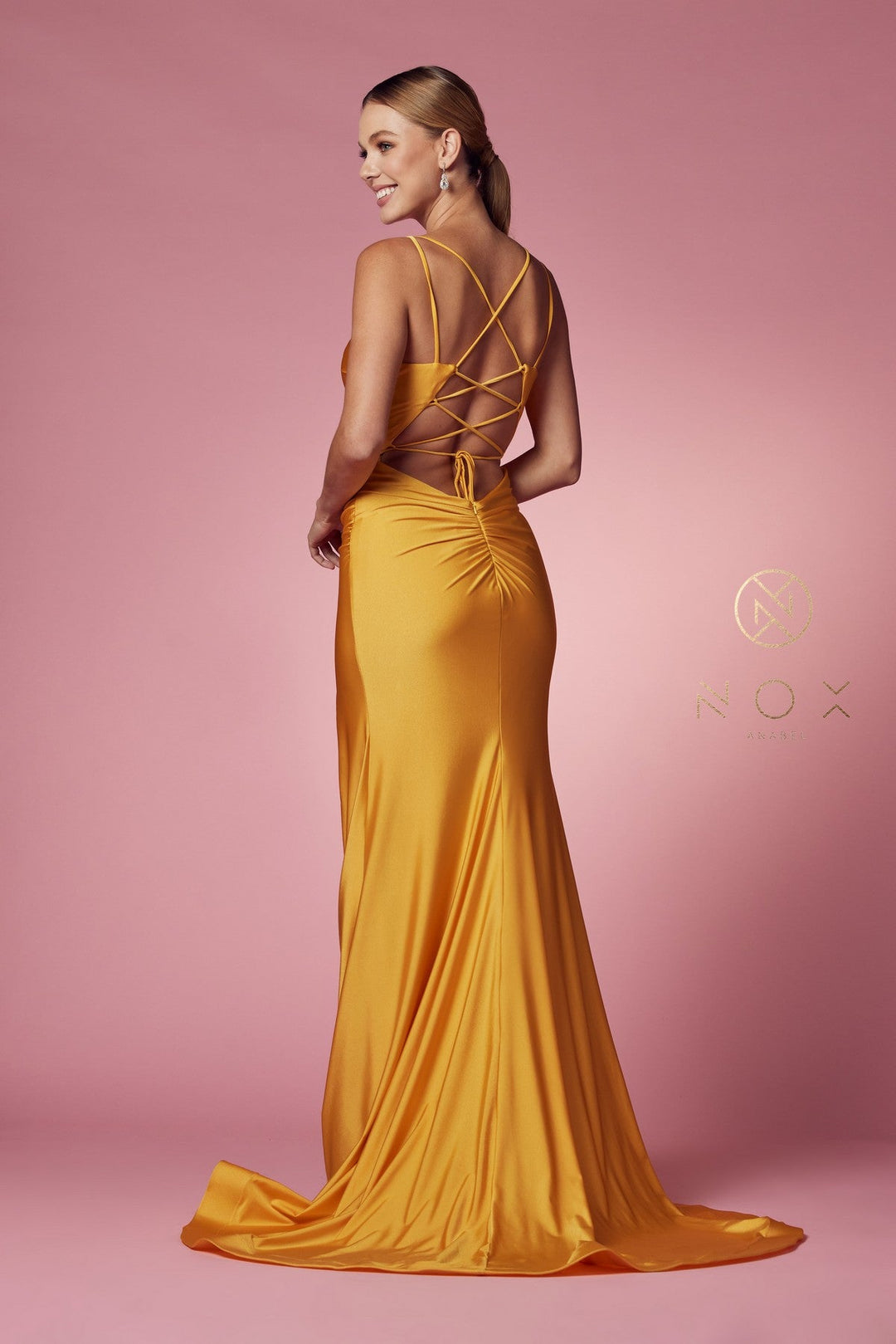 Fitted Strappy Back Slit Gown by Nox Anabel T481