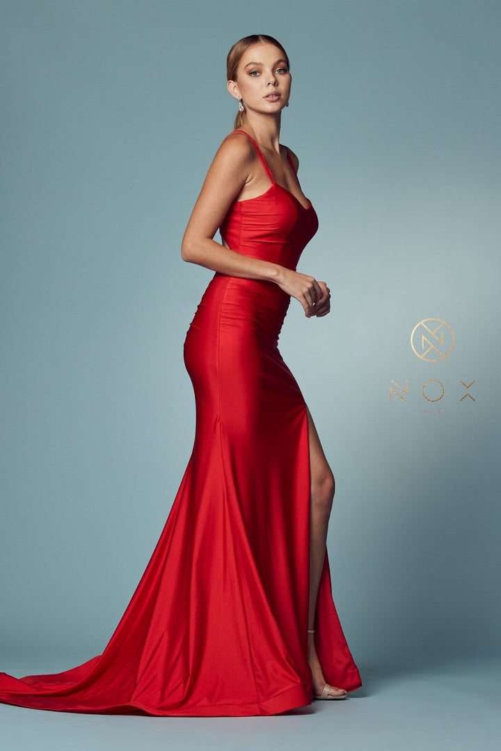 Fitted Strappy Back Slit Gown by Nox Anabel T481