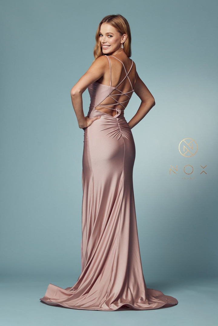 Fitted Strappy Back Slit Gown by Nox Anabel T481