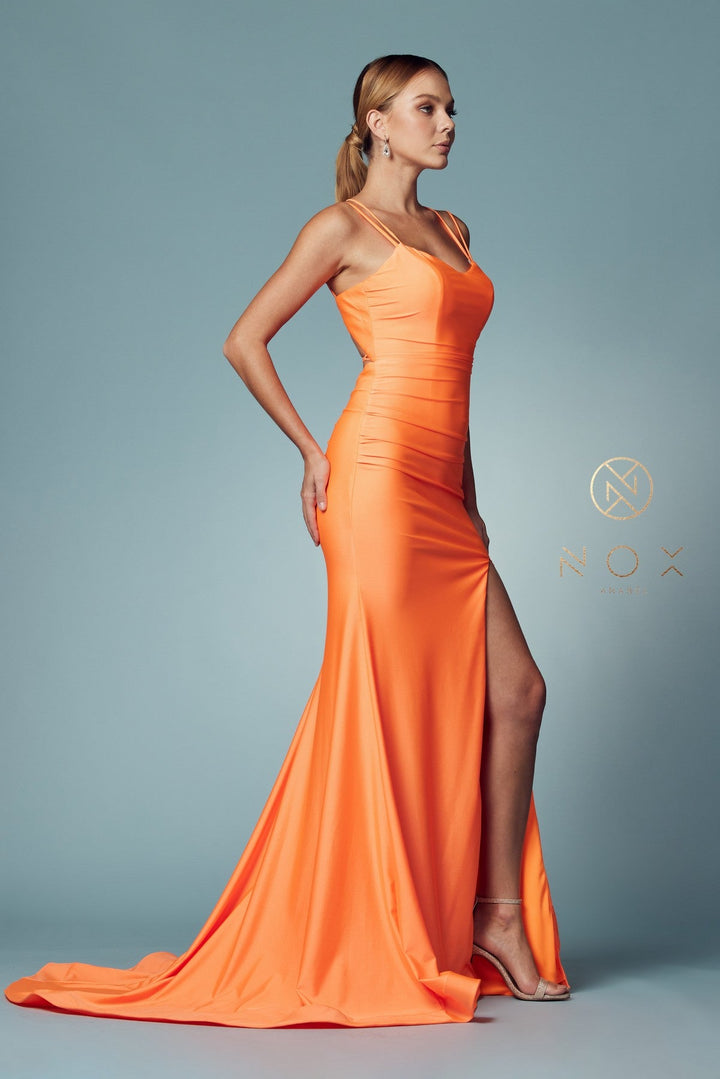 Fitted Strappy Back Slit Gown by Nox Anabel T481