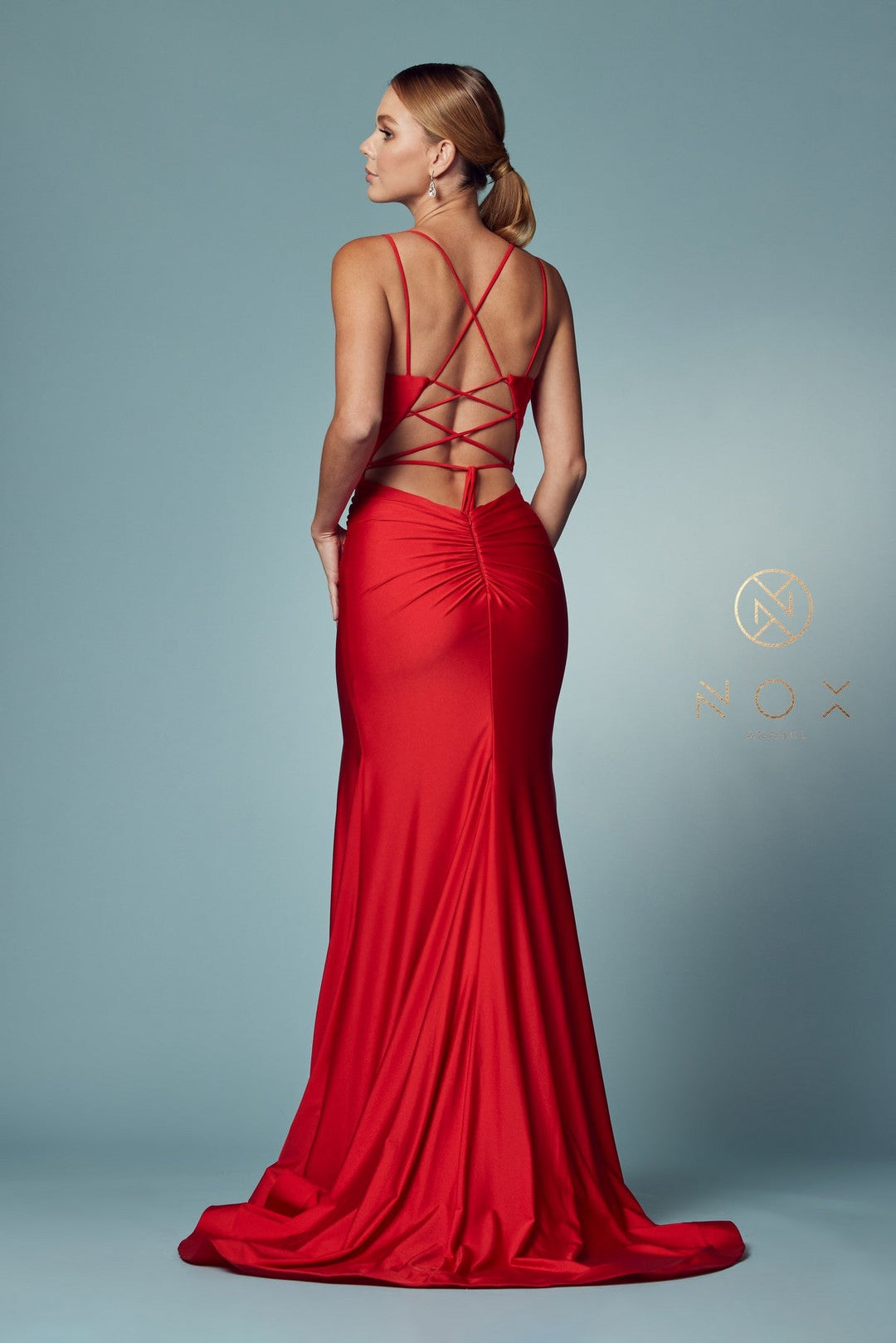 Fitted Strappy Back Slit Gown by Nox Anabel T481