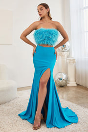 Fitted Two Piece Feather Slit Gown by Ladivine C141
