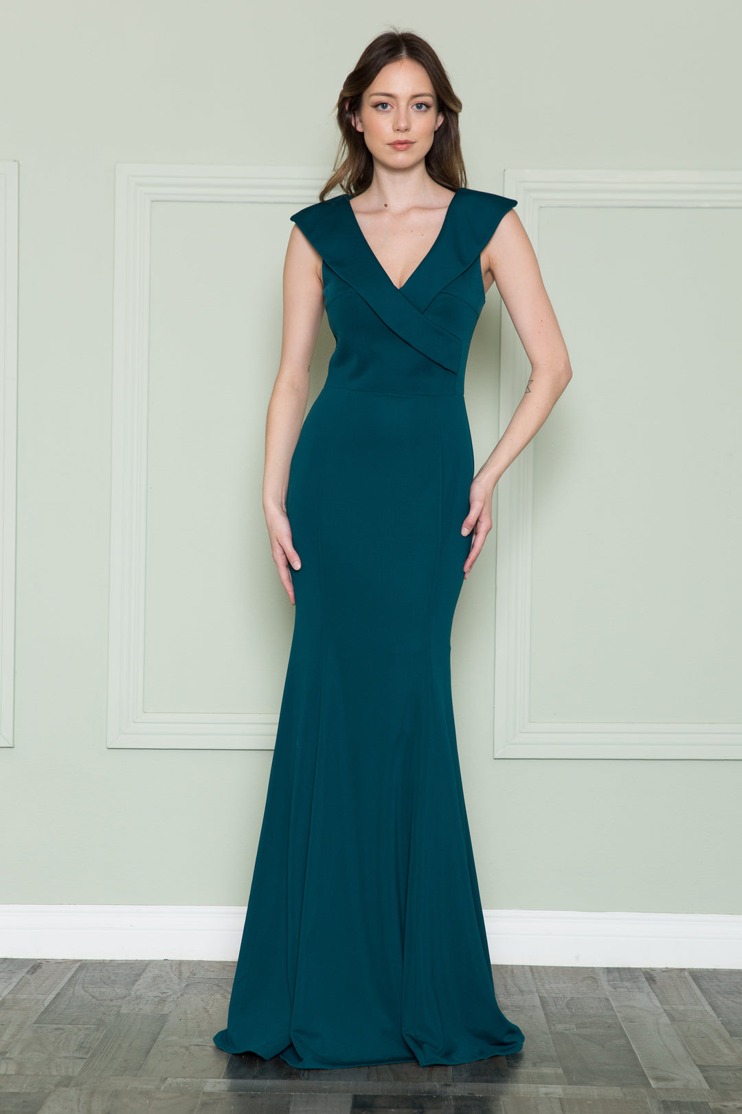 Fitted V-Neck Jersey Gown by Poly USA 8726