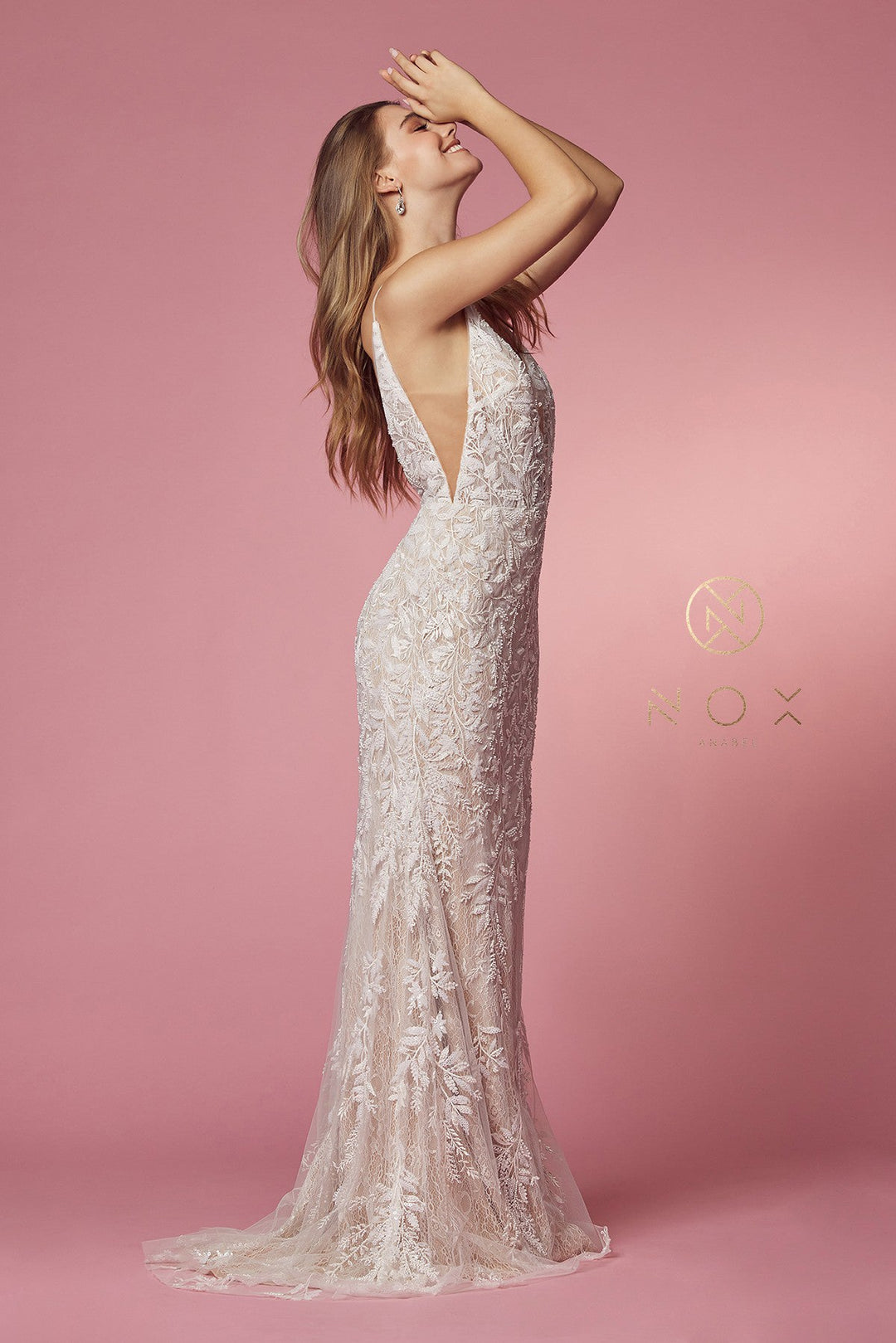 Fitted V-Neck Lace Bridal Gown by Nox Anabel JE915