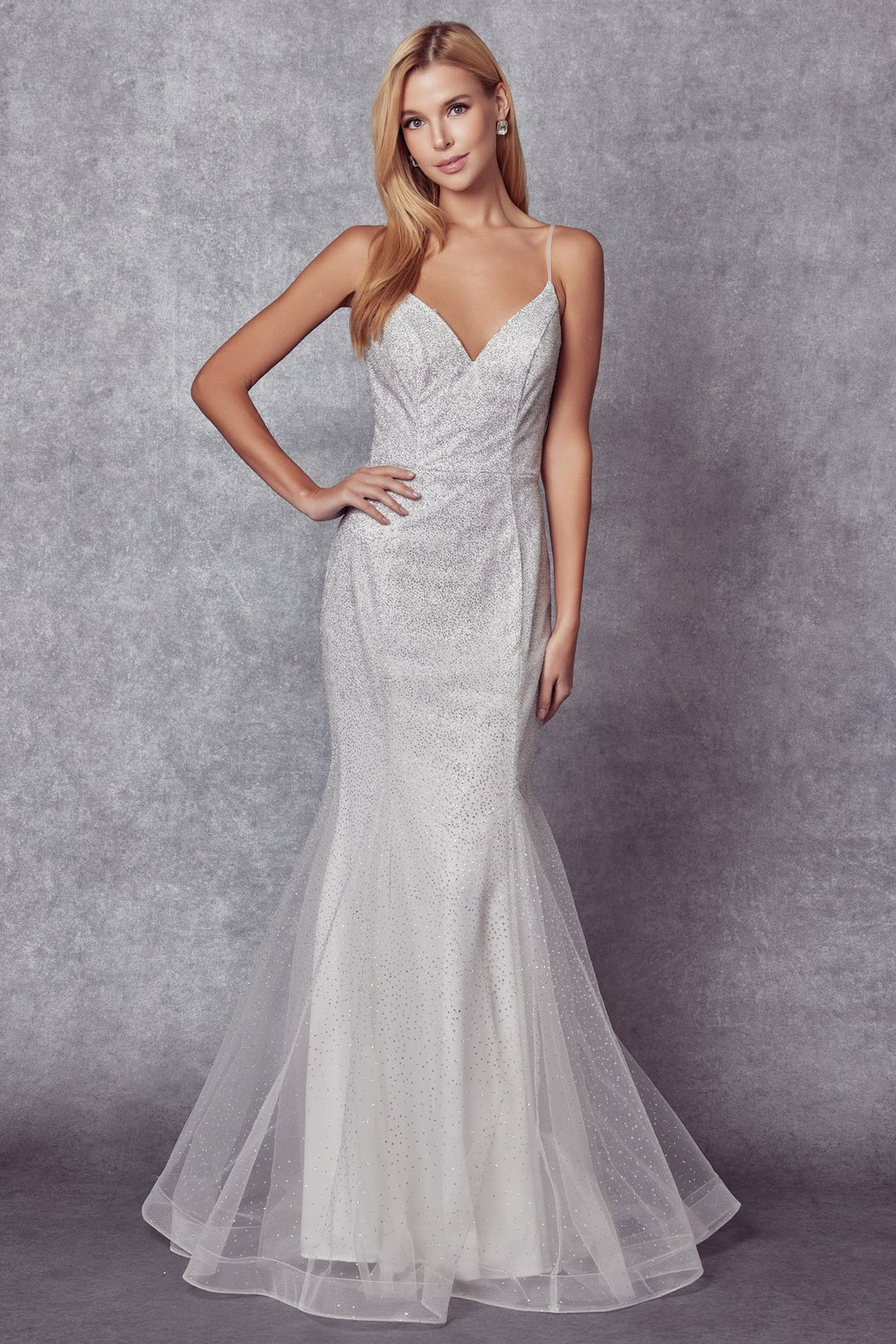 Fitted White Glitter V-Neck Gown by Juliet 271W
