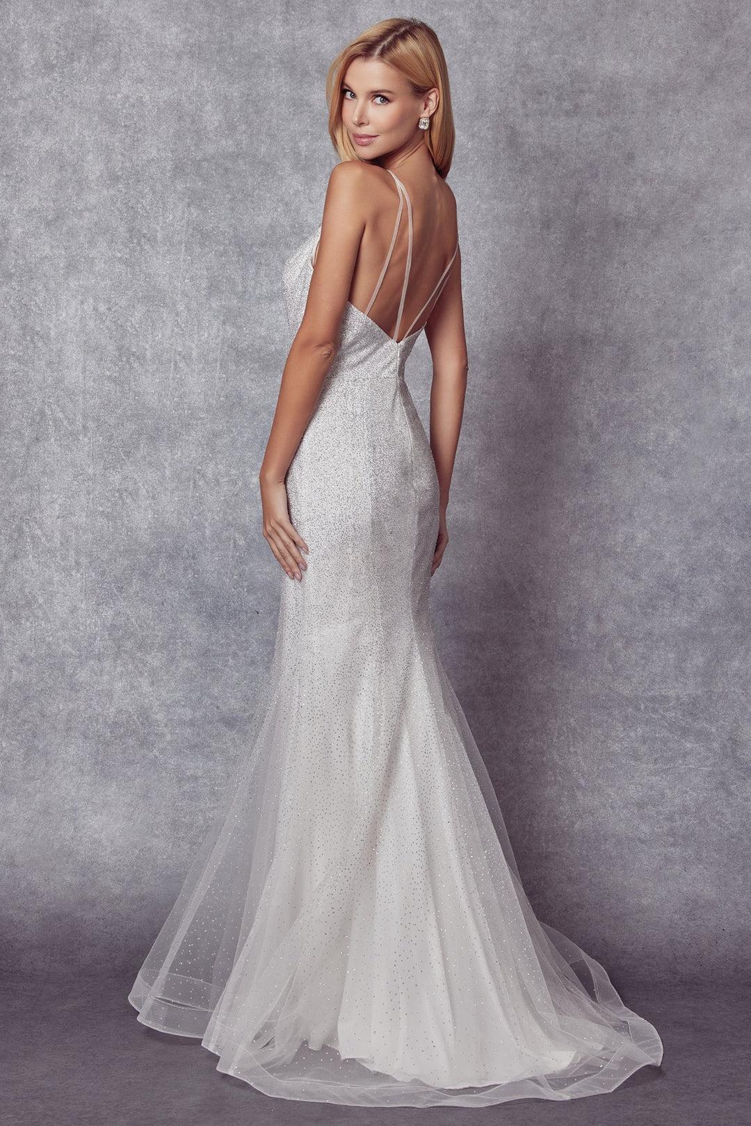 Fitted White Glitter V-Neck Gown by Juliet 271W