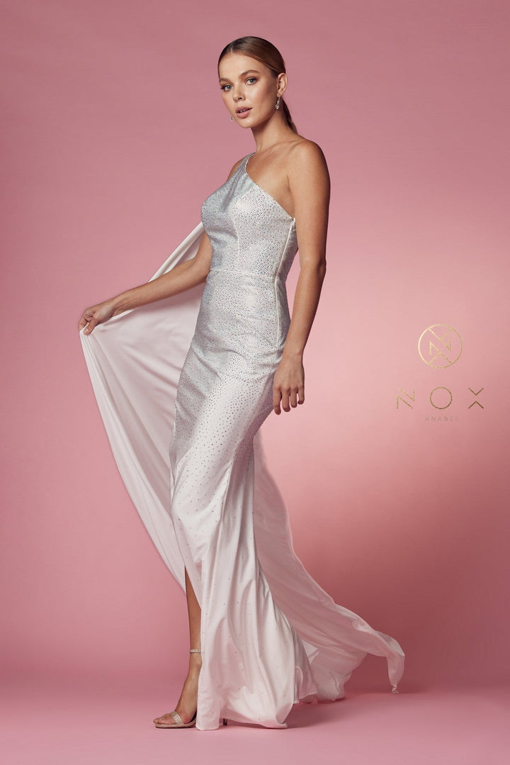 Fitted White One Shoulder Gown by Nox Anabel E1039W