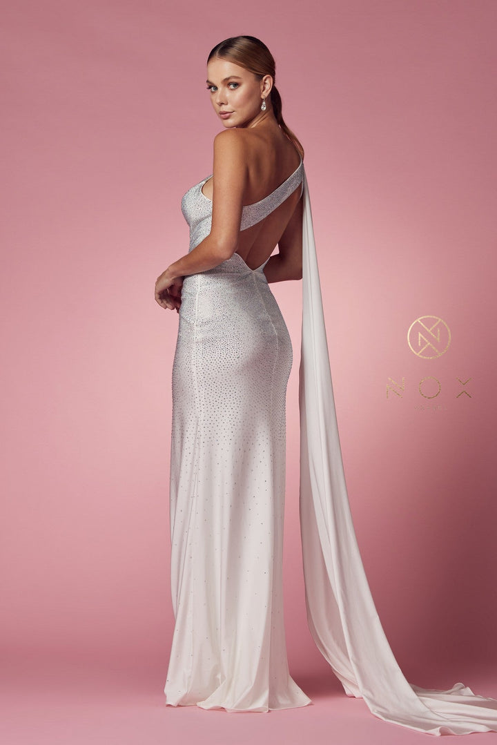 Fitted White One Shoulder Gown by Nox Anabel E1039W