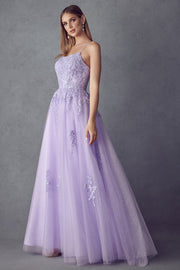 Floral Applique Corset Tulle Gown by Juliet 260