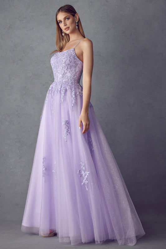Floral Applique Corset Tulle Gown by Juliet 260