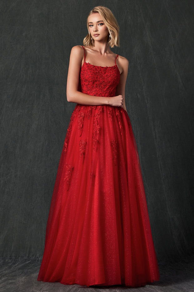 Floral Applique Corset Tulle Gown by Juliet 260