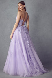 Floral Applique Corset Tulle Gown by Juliet 260