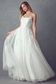 Floral Applique Corset Tulle Gown by Juliet 260