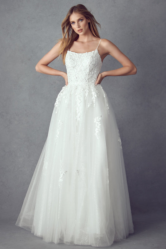 Floral Applique Corset Tulle Gown by Juliet 260
