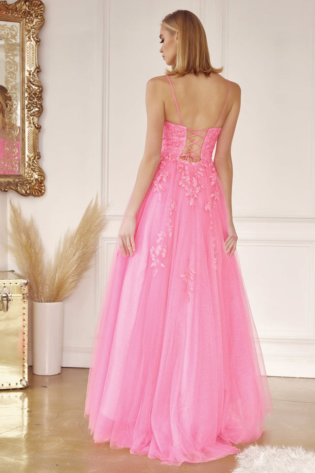 Floral Applique Corset Tulle Gown by Juliet 260