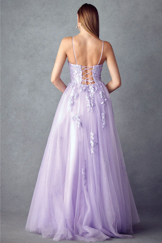 Floral Applique Corset Tulle Gown by Juliet 260