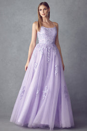 Floral Applique Corset Tulle Gown by Juliet 260