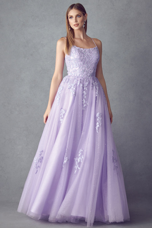 Floral Applique Corset Tulle Gown by Juliet 260