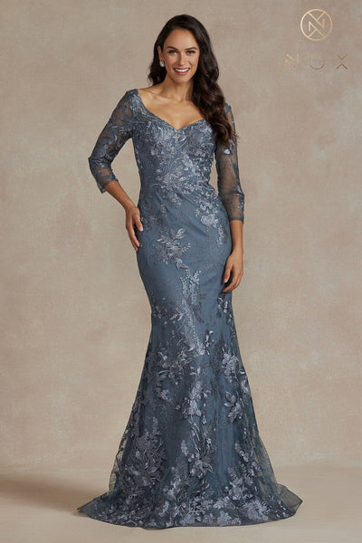 Floral Applique Fitted 3/4 Sleeve Gown by Nox Anabel JQ503