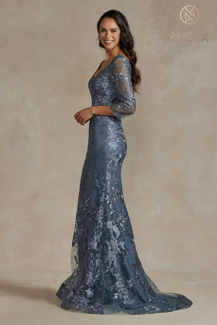 Floral Applique Fitted 3/4 Sleeve Gown by Nox Anabel JQ503