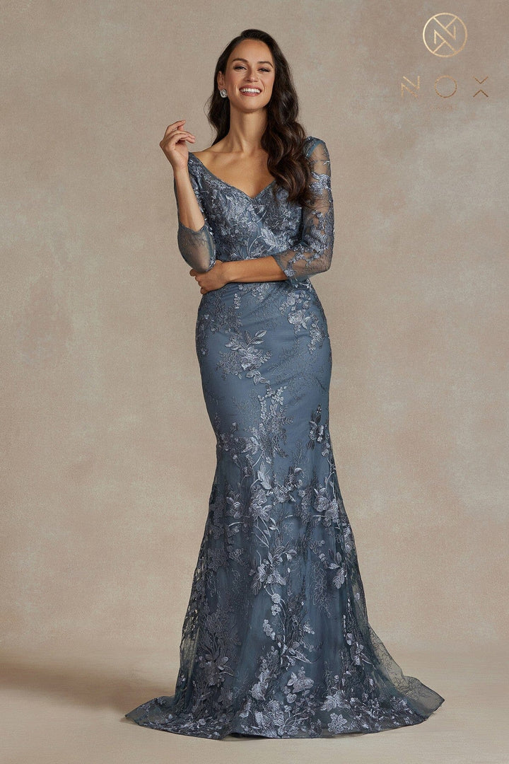 Floral Applique Fitted 3/4 Sleeve Gown by Nox Anabel JQ503