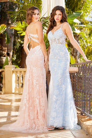 Floral Applique Fitted Sheer Corset Gown by Adora 3084