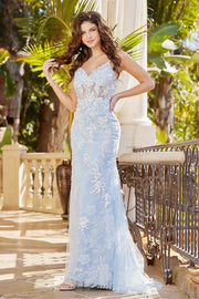 Floral Applique Fitted Sheer Corset Gown by Adora 3084