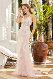 Floral Applique Fitted Sheer Corset Gown by Adora 3084