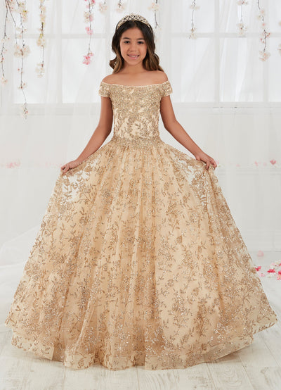 Floral Applique Girls Long Off the Shoulder Dress by Tiffany Princess 13557-Girls Formal Dresses-ABC Fashion