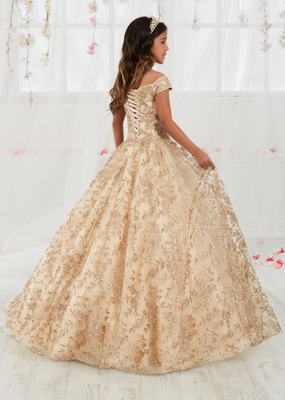 Floral Applique Girls Long Off the Shoulder Dress by Tiffany Princess 13557-Girls Formal Dresses-ABC Fashion