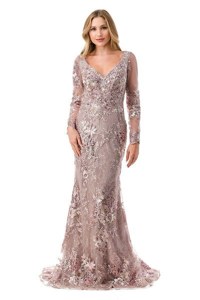 Floral Applique Long Sleeve Mermaid Gown by Coya M2768F