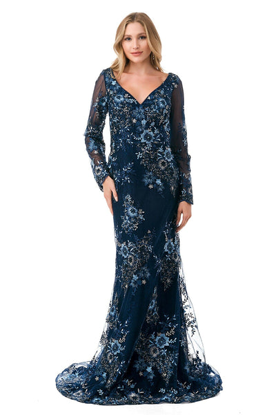 Floral Applique Long Sleeve Mermaid Gown by Coya M2768F